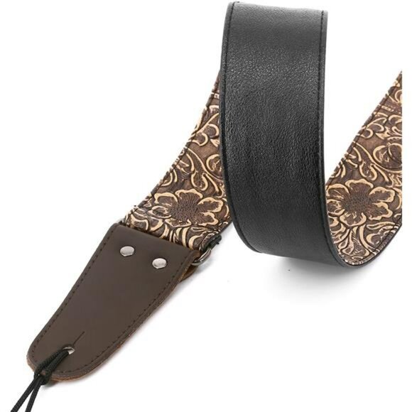 Leather Guitar Strap Vintage Western Adjustable Electric Bass Bronze PU Ends - Picture 3 of 8